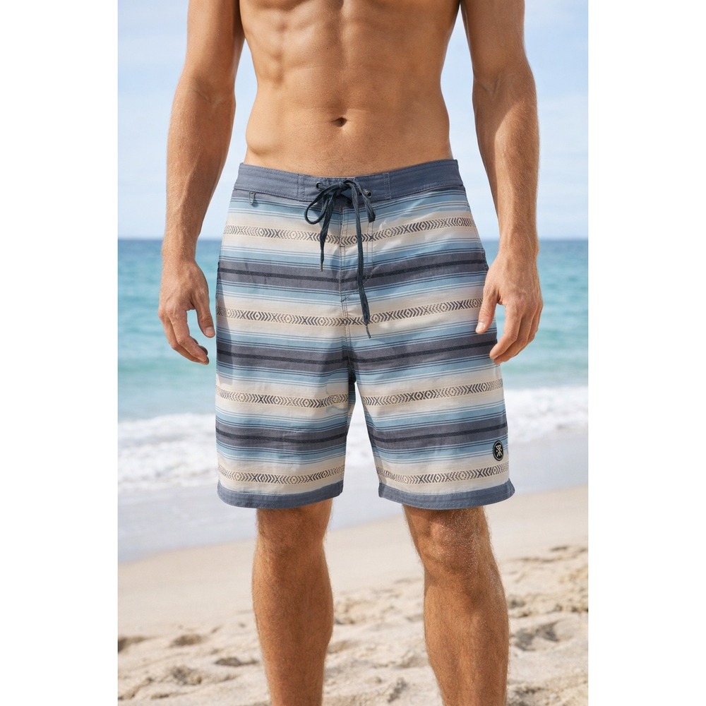 Roark The Chiller Board Shorts Size 30 Striped Blue Gray Swim Trunks Hemp Blend